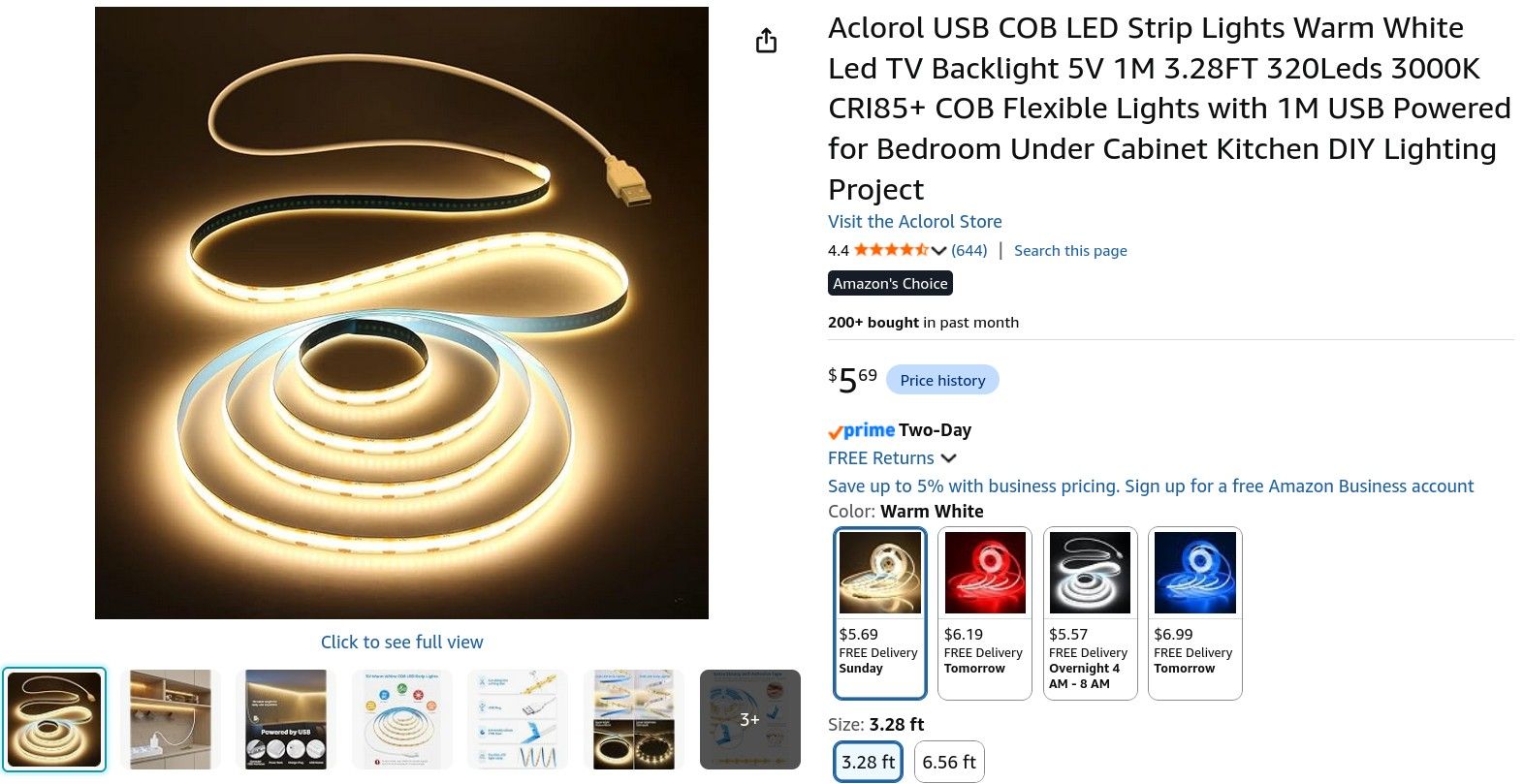 Screenshot of an amazon listing of a COB LED strip for $5.69.